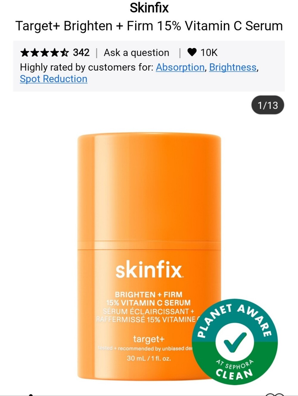 NIB SKINFIX TARGET + BRIGHTEN + FIRM 15% VITAMIN C SERUM